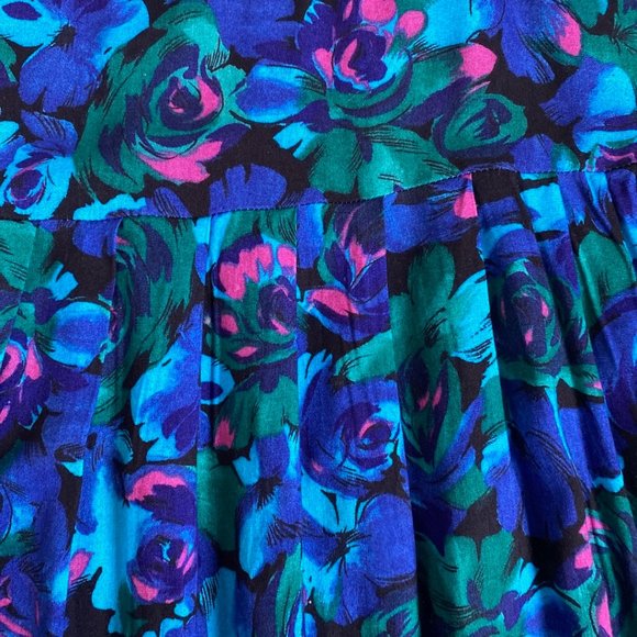 Vintage Blue and Green Pleated Floral Semi Circle Midi Skirt - Picture 3 of 6